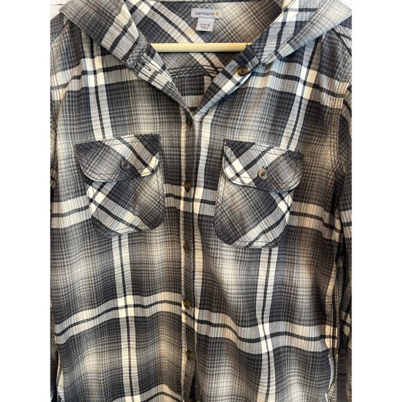 Carhartt women’s hooded flannel button up shirt, gray, and white size small 4/6 - Picture 2 of 13